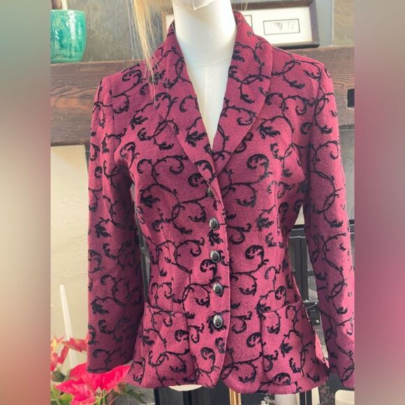 Pendleton Blazer Burgundy Black Flocked Scroll Wool Vintage High Low Sz S - Picture 6 of 15